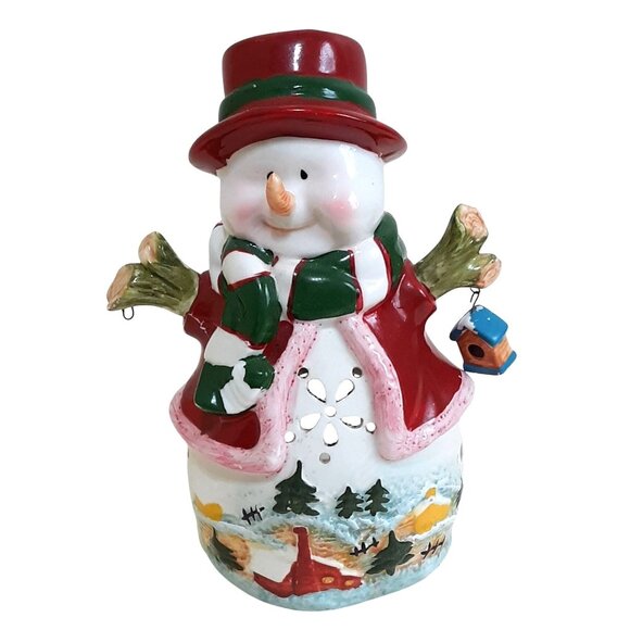 Snowman Tealight Candle Holder With Hat & Scarf Design Ceramic Decoration 9" Tal - Picture 1 of 8